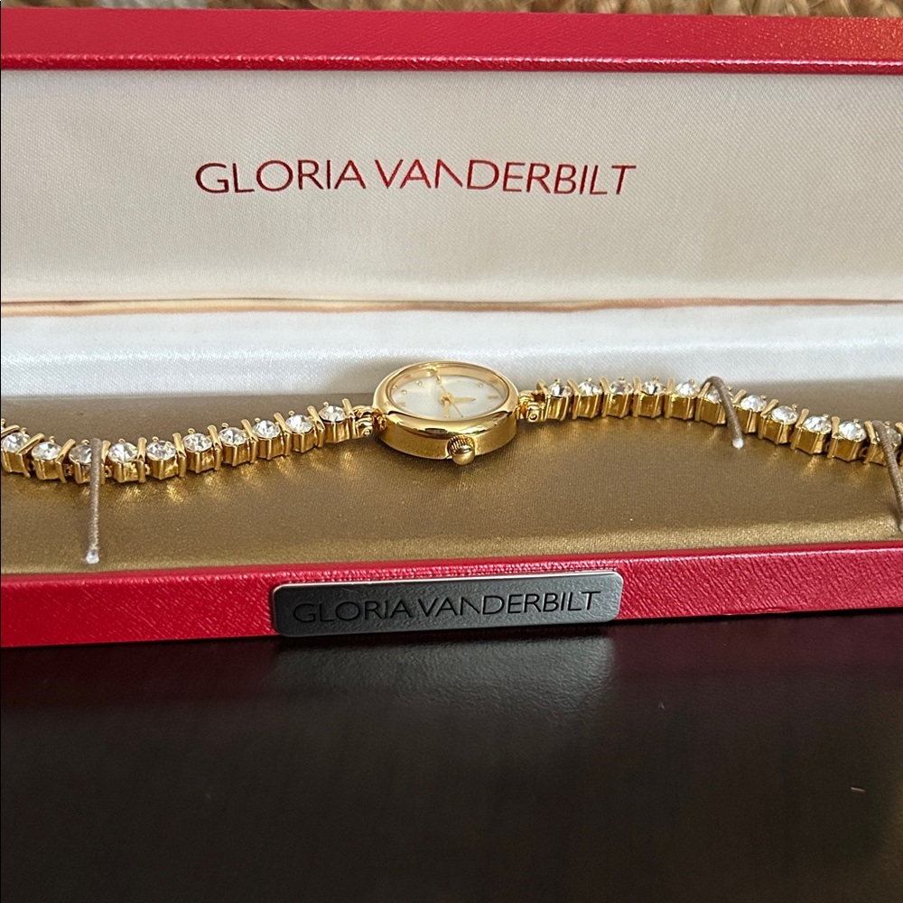Vintage Gloria Vanderbilt Gold-Tone Tennis Bracelet Watch with Crystal Details